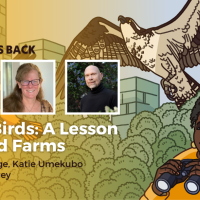 Artwork for episode 2 Bring Birds Back, featuring a photo of Katie Umekubo, Susan Downey, Garry George and an illustration of Tenijah Hamilton