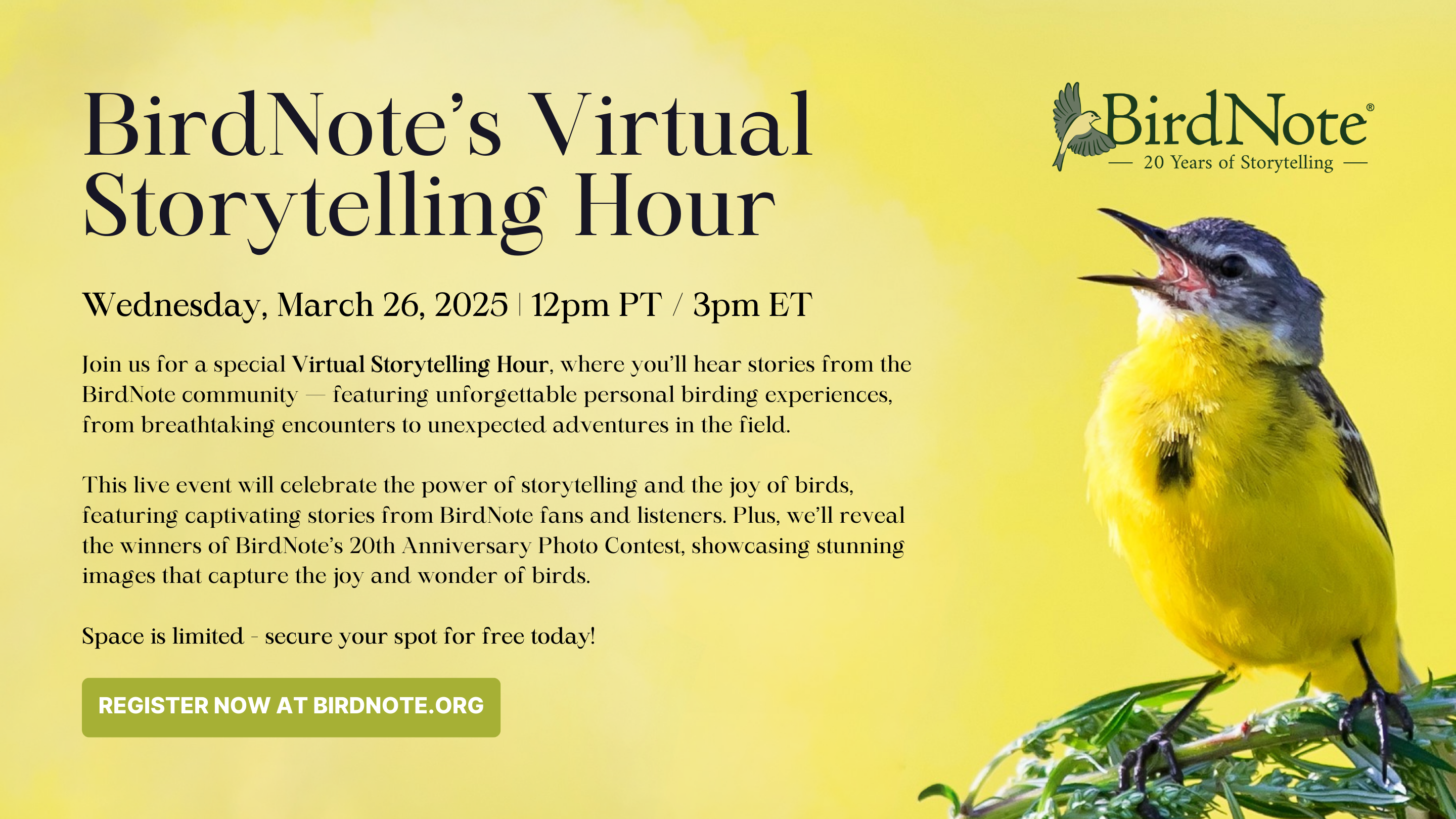 BirdNote's Virtual Storytelling Hour - Wednesday, March 26th at 12pm PT / 3pm ET