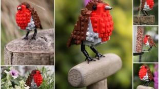 Composite of several photos of small bird with brown back and red breast, each created from LEGO bricks.