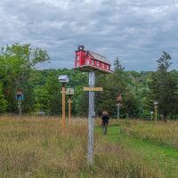 A field in eastern Ontario with numerous brightly-colored custom birdhouses on tall poles. 