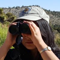 Elisa Yang looks through binoculars while birding